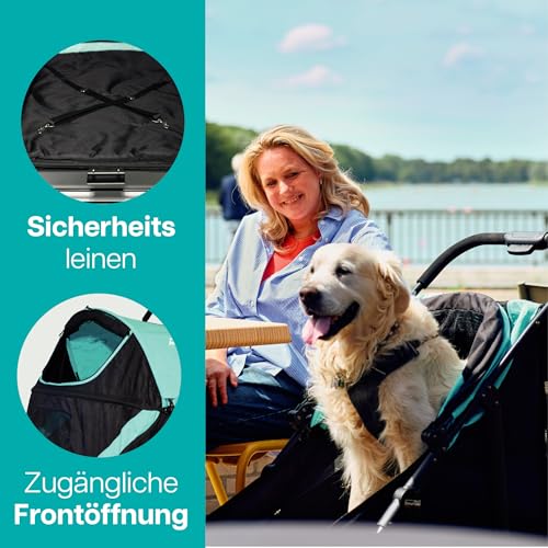 Hundebuggy groß Innopet Mamut blau/schwarz – Rahmen bis 50kg belastbar, inkl. Regenschutz, einhändig klappbar – drehbare Vorderräder – Hundewagen für mittelgroße Hunde oder mehrere kleine Hunde