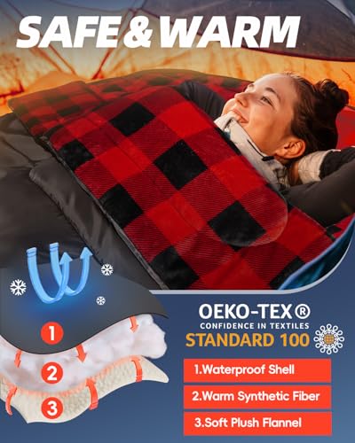 MEREZA Flannel Double Sleeping Bag for Adults Cold Weather, XL Queen Size Sleeping Bag for All Season 2 Person Big and Tall Sleeping Bags for Camping 0 Degree with Pillow