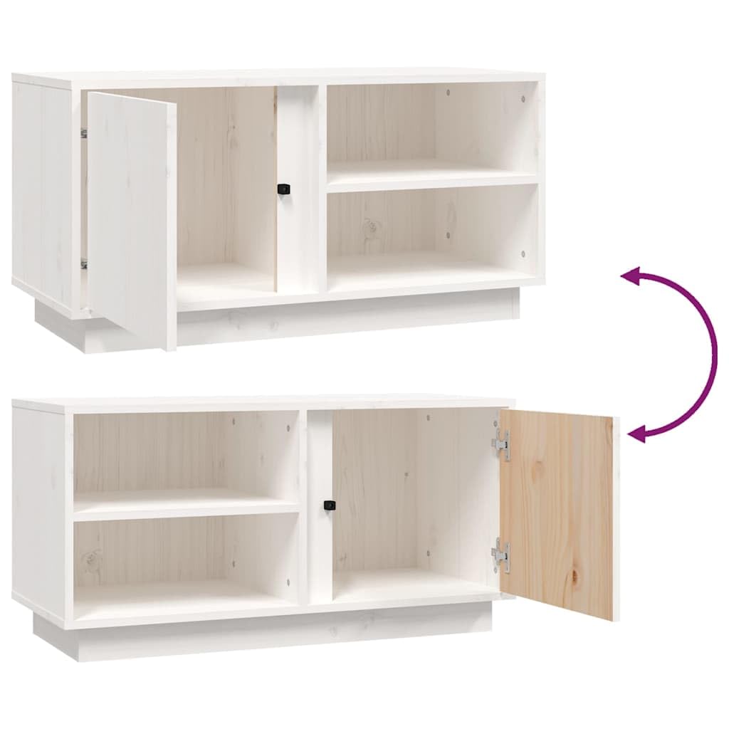 Biała szafka pod telewizor z litego drewna sosnowego, 80 x 35 x 40,5 cm, z miejscem do przechowywania, 3 półki i drzwiami, szafka do salonu na stolik pod telewizor, szafka pod telewizor