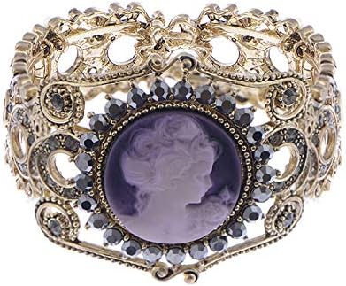 Alilang Womens Vintage Inspired Golden Tone Rhinestone Purple Victorian Cameo Lady Queen Princess Cuff Bangle Bracelet