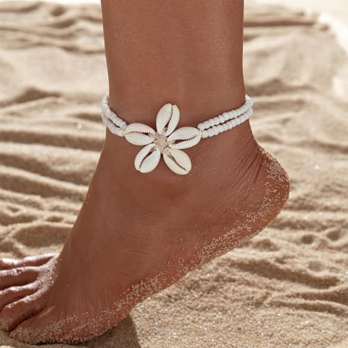 Image of Shell Anklets for Women Shell Beach Jewelry Accessories White Pink Black Flower Ankle Bracelet Summer Vacation Dress Outfits