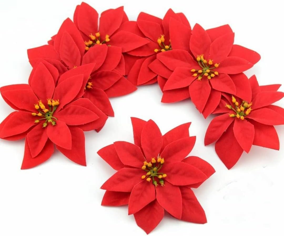 Christmas Poinsettias Red/Gold Velvet Decorative Artificial Flowers Christmas Flowers of Velvet Christmas Decorations Items/Chritmas Tree/Decoration Items (Red Pack of 12)