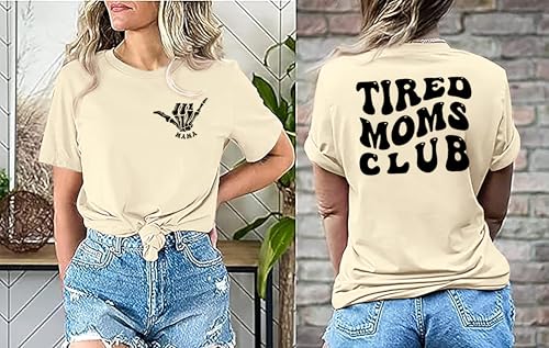 Mama Shirts for Women: Tired Moms Club Tshirt Mom Life Letter Printed Casual Short Sleeve Tee Tops Apricot