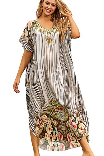 YouKD Women's Kaftan Maxi Bohemian Dress Beach Bikini Coverup Robe Long Kimono One Size Loungewear