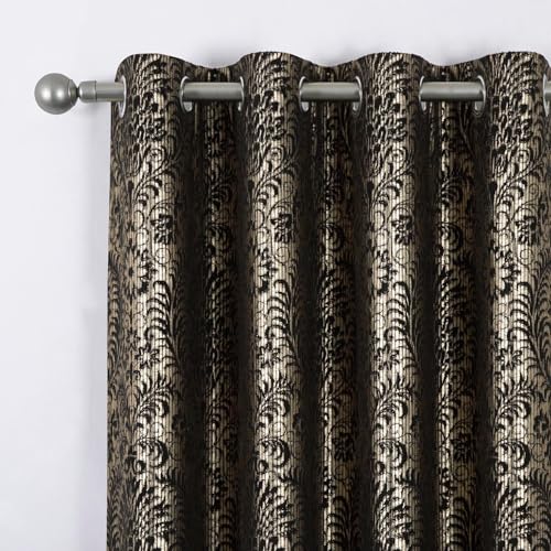 always4u 100% Blackout Curtains for Bedroom Thermal Insulated Velvet Curtain Eyelet Floral Gold Foil Print for Living Room Fully Lined Window Drapes 1 Pair Black W46*L54 Inches - Image 4