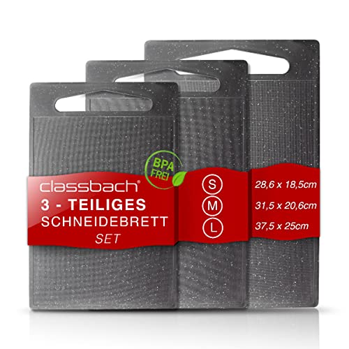 classbach® set de 3 tablas de cortar de plástico, aptas para lavavajillas, tabla de cortar de cocina con canal para zumo sin BPA de plástico PP, aptas para alimentos, aspecto mármol gris claro