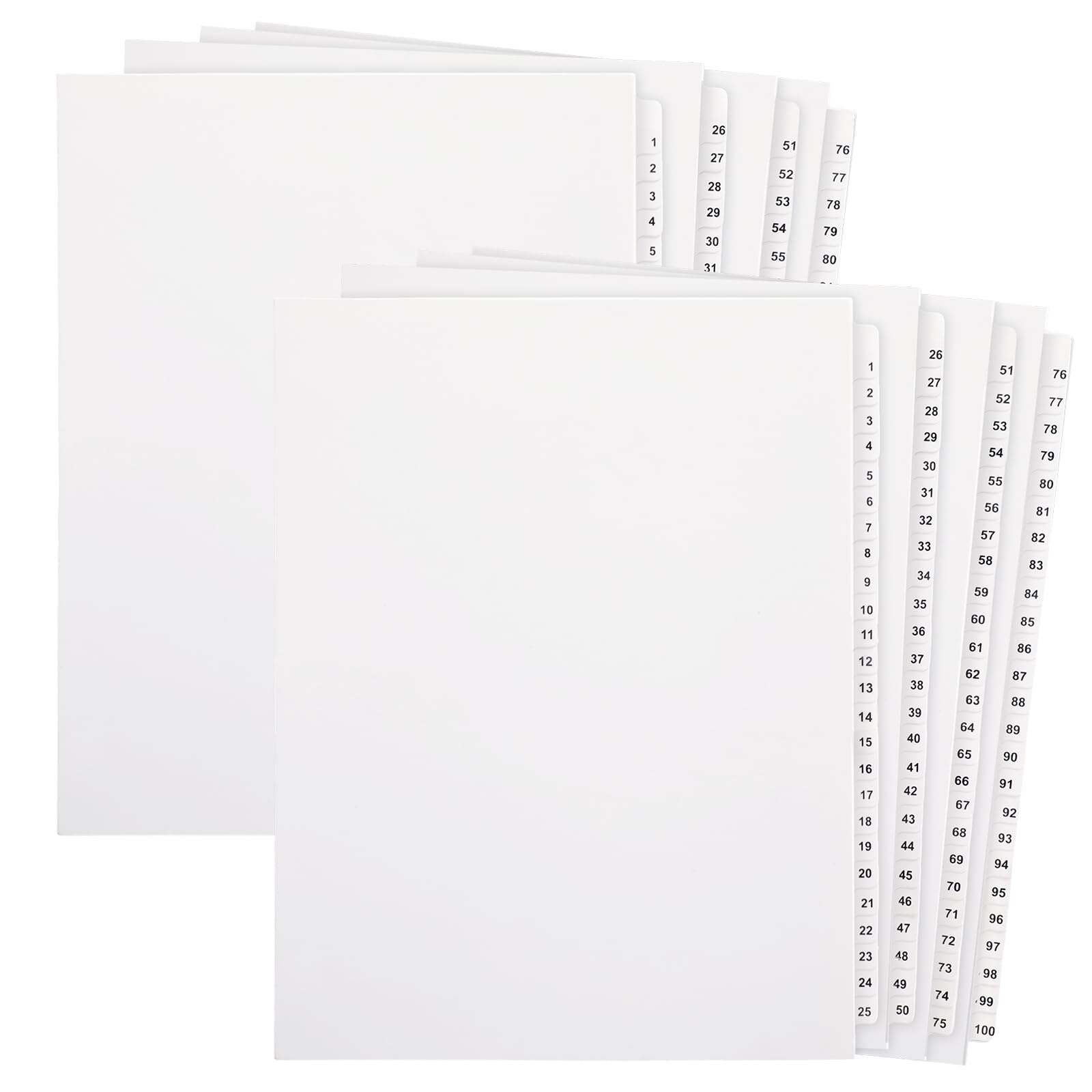 Yeaqee Set di 2 Divisori con linguette numerati da 1 a 100 non perforati, formato lettera 21,6 x 27,9 cm, divisori per raccoglitori in carta bianca per documenti e file d'ufficio