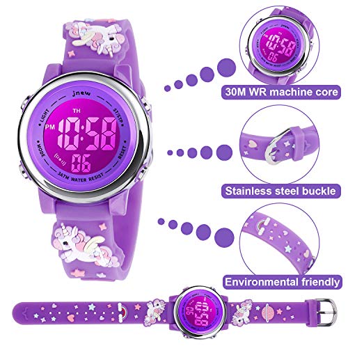 Kids Watch 3D Cartoon Toddler Wrist Digital Watch Waterproof 7 Color Lights with Alarm Stopwatch for 3-10 Year Boys Girls Little Child (Unicorn D-Purple)2