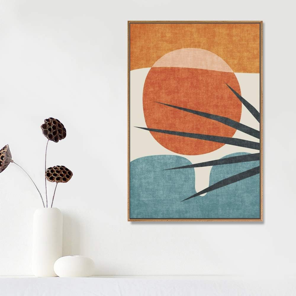 IDEA4WALL Framed Canvas Print Wall Art Abstract Blue Palm Tree & Red Sun Geometric Shapes Illustrations Modern Art Mid-Century Modern Ultra for Living Room, Bedroom, Office - 16"x24" Natural
