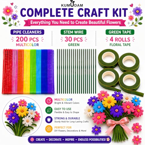 Image of Pipe Cleaners for Craft Flower Making Set, Fuzzy Chenille Stems and Fluffy Sticks with Floral Tape and Wire, for Kids Arts and Crafts(pipe cleaners-200 /stem wire-30 /green tape-4)