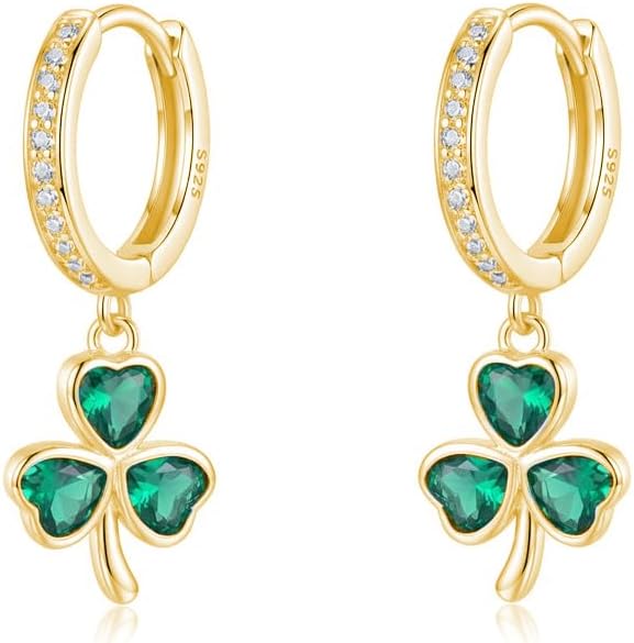 SLUYNZ 925 Sterling Silver CZ Love Clover Hoop Earrings for Women Teens Green Shamrock Huggie Earrings Drop St Patricks Day Earrings