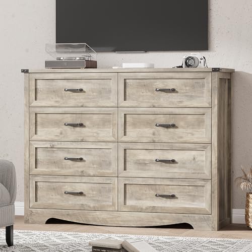 Image of Dresser for Bedroom with 8 Drawers, 48 inch Wide Wood Chest of Drawers with Deep Drawers & Mental Handle, Modern Dresser TV Stand, Wooden Closet Storage Organizer for Living Room, Hallway, Entryway, Grey