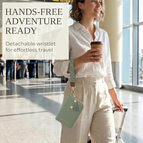 Image of Stylish Passport Holder for Travel with Detachable Wristlet Strap, Sage, 6.4 x 4.6 x 0.7 inches, Modern | All-in-one Travel Wallet Organizer for Women - Secure Money Belt Alternative with Card Slots and Tassel Keychain