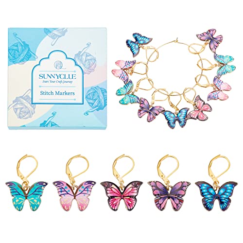 SUNNYCLUE 1 Box 20Pcs Stitch Marker Charms Stitch Markers Crochet Butterfly Enamel Cute Removable Leverback Clasp Charm Locking Metal Knitting Markers for Weaving Sewing Knit Quilting DIY Zipper Pull