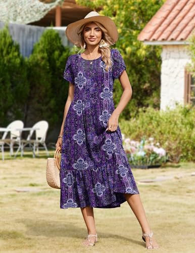 Image of Zeagoo Women Summer Midi A Line Dress Short Sleeve Casual Flowy Tiered Beach Long Sundress with Pockets 2026 Vacation Travel