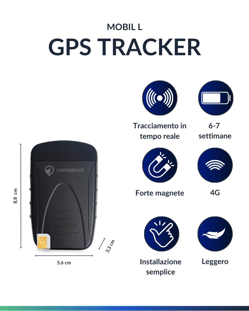 Comeback 4G GPS tracker per auto, moto, camper, camion con supporto magnetico, scheda SIM integrata, app di monitoraggio live per Android/iOS, avvisi di velocità e geofence
