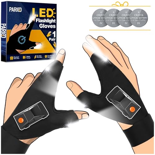 Image of PARIGO LED Flashlight Gloves Gifts for Men Women Christmas Stocking Stuffers for Men Husband Boyfriend Fathers Dad Who Have Everything, Waterproof Lighted Glove Fishing Gift for Birthday Cool Gadgets