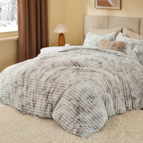 Image of BEDELITE Fleece Full Comforter Set -Super Soft & Warm Fluffy Grey&White Bedding, Luxury Fuzzy Heavy Bed Set for All Season with 2 Pillow Cases