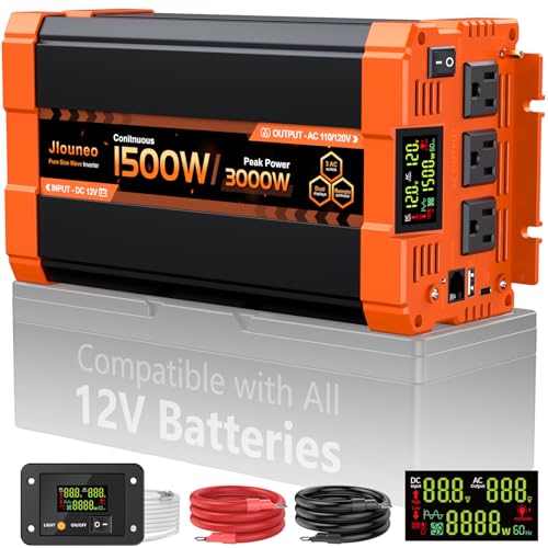 1500 Watt Pure Sine Wave Car Inverter 12V to 110V Converter with Remote Control, 3AC Outlet, 5V/3.1A USB Port, 30W Type-C Port, Intelligent LCD, Peak 2000W Power inverters for Camping, RV, Boat, Truck