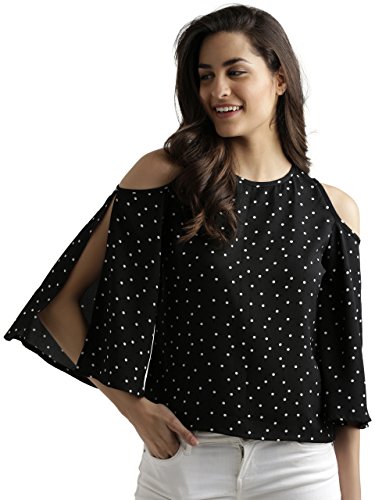 Image of Miss Chase Women's Black Polka Dot Cold Shoulder Top