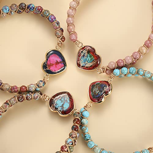 Image of Mothers Day Gifts for Mom,Mother Daughter Natural Stone Jasper Heart Bracelets Adjustable Double Winding Beading Handmade Braided Bracelet Mother's Day Gifts for Mom from Daughter Son Husband (Purple)