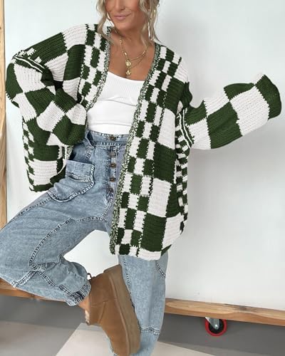 Image of BTFBM Casual Cardigan Sweater for Women Fall 2026 Long Sleeve Open Front Chunky Knit Sweaters Checkered Outwear Coat