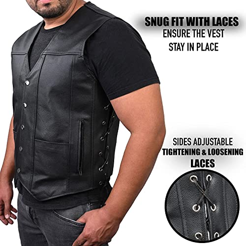 Touch&Torn Motorcycle Leather Vest For Men With Concealed Gun Pocket Adjustable Side Laces Biker Riding Leather Vest (As1, Alpha, X_L, Regular, Regular, Black) #TOP2