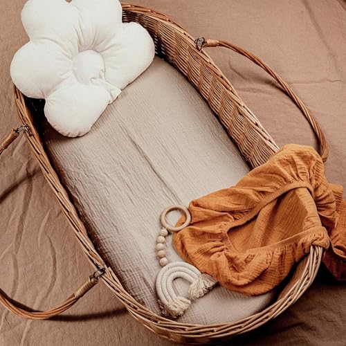 Image of Muslin Bassinet Fitted Sheets 2 Pack, Soft Breathable Cotton Baby Bassinet Mattress Sheet Set, 360 Elastic Snug Fit, Universal for Oval, Rectangle (Elegant Colors, Bassinet Sheets 2 Pack)