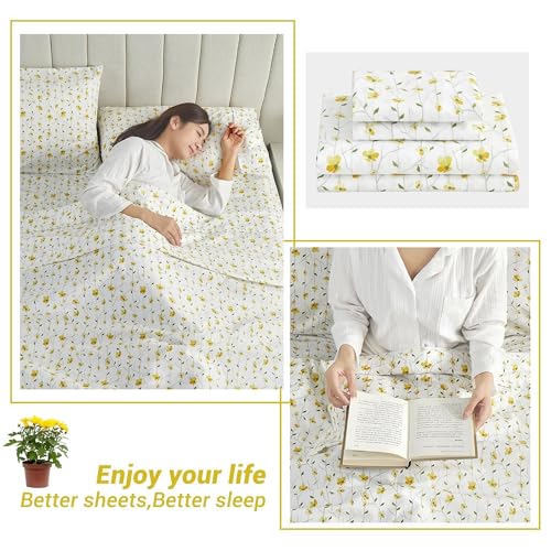Parure de lit double Softan en microfibre jaune à fleurs avec drap housse - 8