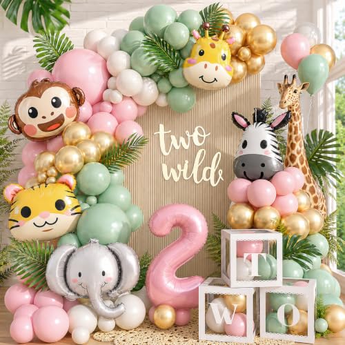 SNLN Two Wild Birthday Decorations Jungle Theme 2nd Birthday Decorations for Girl Huge Jungle Safari Animal Foil Balloons Pink Sage Green Balloon Arch Number 2 Balloon Leaf Box 2nd Decoration for Girl