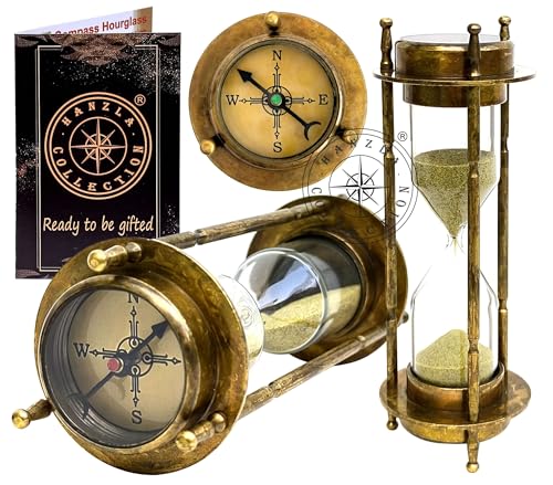 Messing-Kompass-Sanduhr, nautische maritime Sanduhr und Schreibtischuhr, Vintage-Stil, Sanduhr, Metall, dekoratives Sandglas für Geschenk und Heimbüro, Dekor (Patina antik mit passendem Sand)