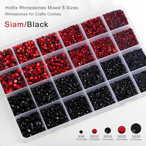 Image of Hotfix Rhinestones Kit,Black and Siam, Mixed 5 Sizes 14400pcs | Black and Red Hot Fix Crystals, for Bedazzling Clothes Crafts, with Wax Pencil,Tweezers and Spoon,SS6-SS30