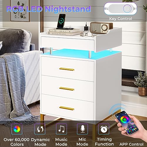 BTHFST LED Nightstand with Charging Station, Large Night Stand with 3 Drawers and 1 Pull-Out Tray, Modern Bedside Table with LED Lights, End Side Table with Storage, White and Gold - Thumbnail 7