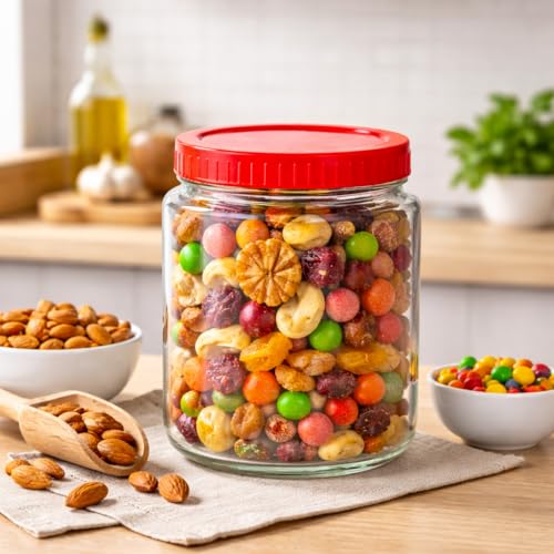 Image of 1000ml Glass Storage Jar with Airtight Red Lid, 1KG Kitchen Container for Rice, Pulses, Dry Fruits, Transparent Thick Glass Pantry Organizer