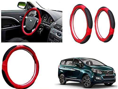 Image of Microfiber Car Steering Wheel Cover, Soft Padding Great Hand Feel, Anti-Slip, Faux Leather Steering Cover for Mahindra Marazzo 2019 | Black Red Jali - Pack of 1