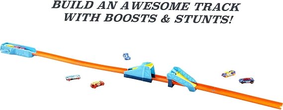 Hot Wheels HW Celebration Box Complete Starter Set With 6 Hot Wheels 1:64 Scale Cars, Track, Connectors, 4-Speed Launcher, Ramps, Activity Page & Stickers, Gift for Kids 4 Years Old & Up, GWN96