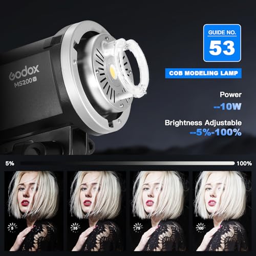 Ficha técnica Godox MS200V Kit compacto de flash estroboscópico de estudio con soporte Bowens lámpara de modelado LED sistema X inalámbrico de 2.4 G reciclaje de 5600 K 1.3 s a salida de potencia completa - Fernando Cortés
