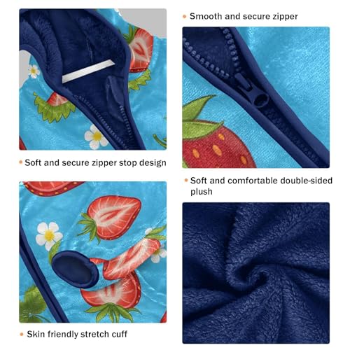 Strawberry Pattern on Blue Toddler Fleece Jacket Girl Boys Hooded Fleece Jacket Coat Warm Outwear Zip-up 3-10T3