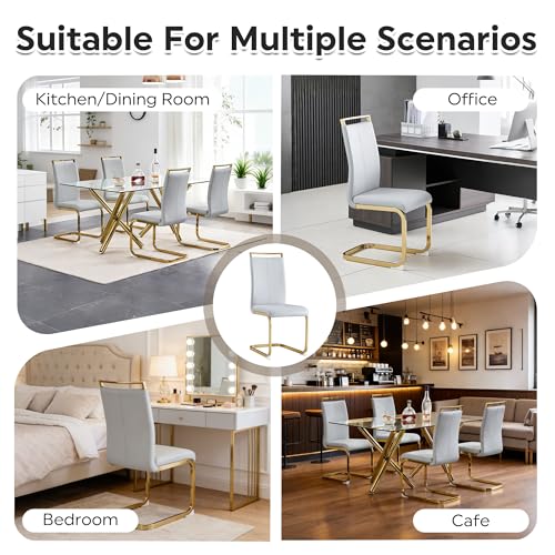 Image of Baysitone Modern Dining Chairs Set of 2, Side & Kitchen Chairs with Gold Frame, Faux Leather Padded Seat High Back, for Dining, Kitchen & Living Room - Light Grey