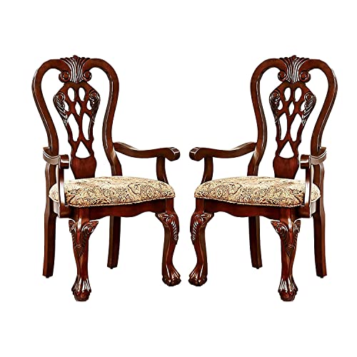 Set Of 2 Fabric Dining Arm Chair In Brown Cherry Wood Finish #TOP2
