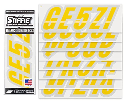 Image of STIFFIE Techtron Yellow /Silver 3 inch Boat & PWC Registration Decals • Numbers Letters Stickers