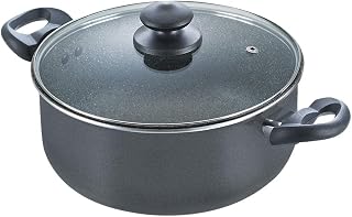 Prestige Omega Deluxe Granite Non-Stick Round Base Sauce Pan with Glass Lid, 26cm, 5.75 L (Black) Price In India