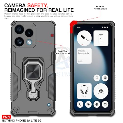 Image of AESTMO Armor Back Cover for Nothing Phone 3A Lite 5G | Ring Holder & Kickstand & Camera Protection in-Built | 360 Degree Protection Back Case Cover (Black)