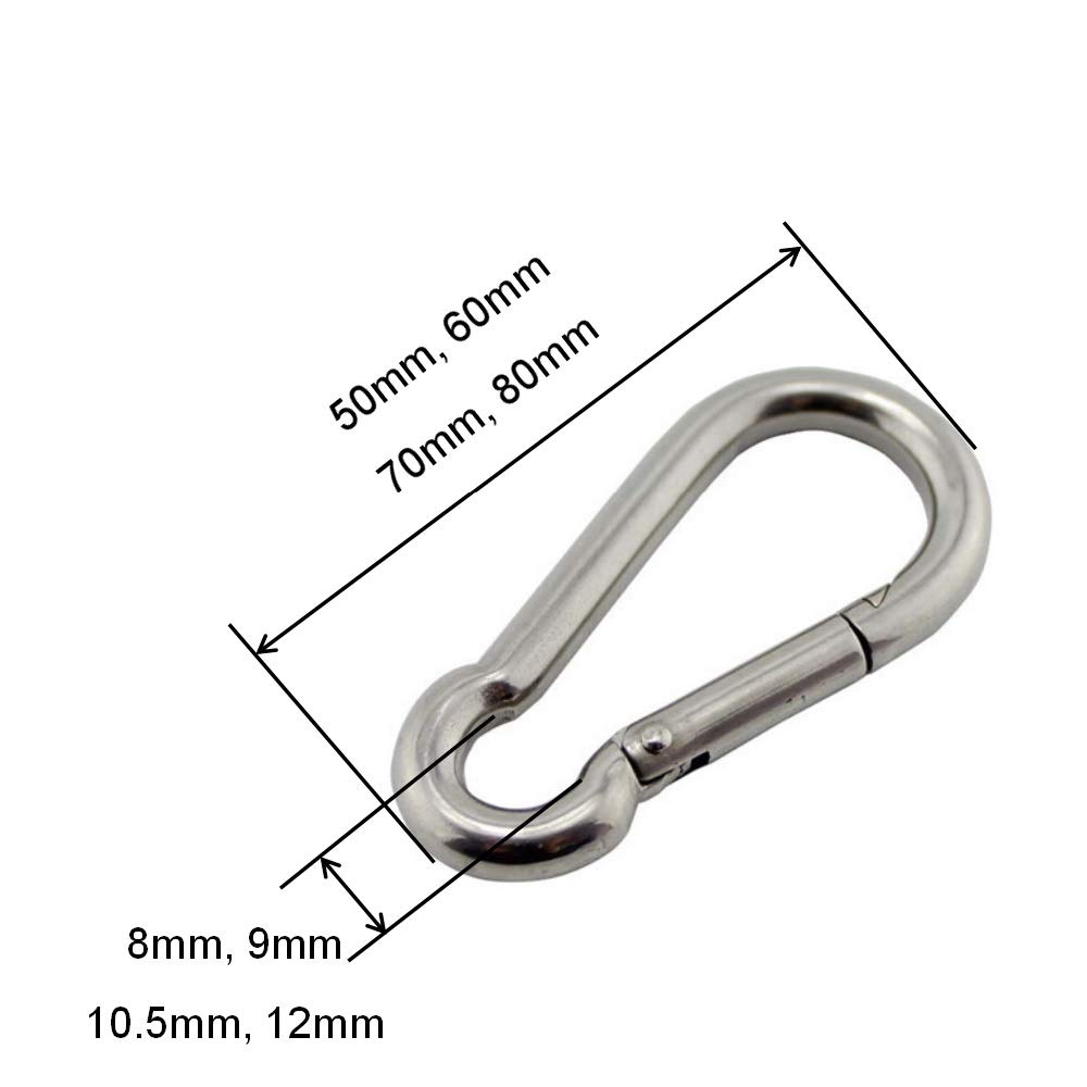 Gancho de mosquetón de Bloqueo de eslabón Ovalado Compatible, Paquete de 10 Ganchos de presión de Acero Inoxidable, 50 mm, 60 mm, 70 mm, 80 mm