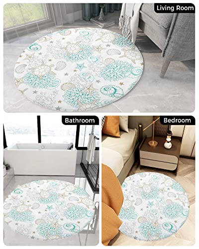 Round Carpet Plush Area Rug Ocean Cute Sea Turtle Coral Shell Starfish, Soft Shaggy Floor Mats Circular Furry Rugs Cartoon Art for Bedroom/Living Room/Nursery/Kids Room - Image 5
