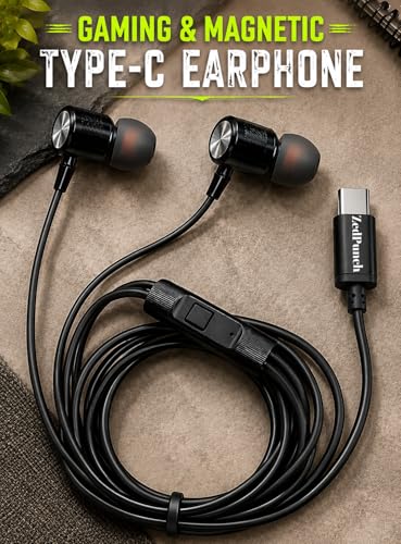 Image of Gaming Type-C Wired Earphone with Mic, 10mm Dynamic Bass Driver, Magnetic in-Ear Headphones, Low Latency Sound for Gaming, 1 Button Control, HD Calling, Voice Assistant, (Black)