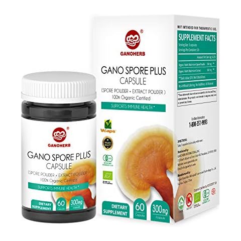 GANOHERB Organic Reishi Mushroom Spore Plus Capsules with 100% Ganoderma Lucidum Spore Powder+ Extract, Vegan, All Natural, Non-GMO & Gluten Free, 60 Veggie Capsules Cover