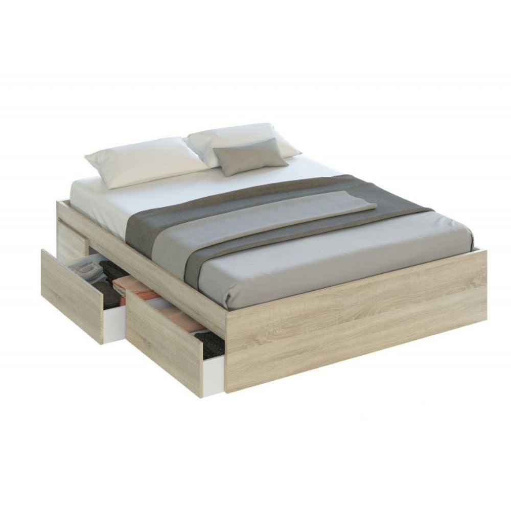 Mobelcenter, Conjunto Dormitorio Matrimonio Oxido, Color Roble Canadian y Oxido, Cabezal para Camas de 135 y 150 cm, 2 Mesitas de 3 cajones, Armario 3 Puertas 3 Cajones y Cama con 4 cajones (P0021)
