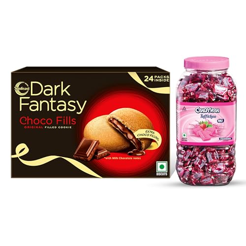 Image of Candyman Toffichoo, Strawberry -(320units *2.4g) Soft Toffees for In-home Serves, 768g & Sunfeast Dark Fantasy Choco Fills, 300g, Original Filled Cookies with Choco Creme
