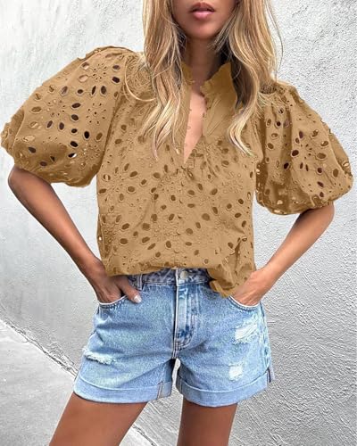 BETTE BOUTIK Women's Long Short Sleeve Tops 2025 Dressy Casual Button Hollow Out Lace Embroidered Blouses Shirts